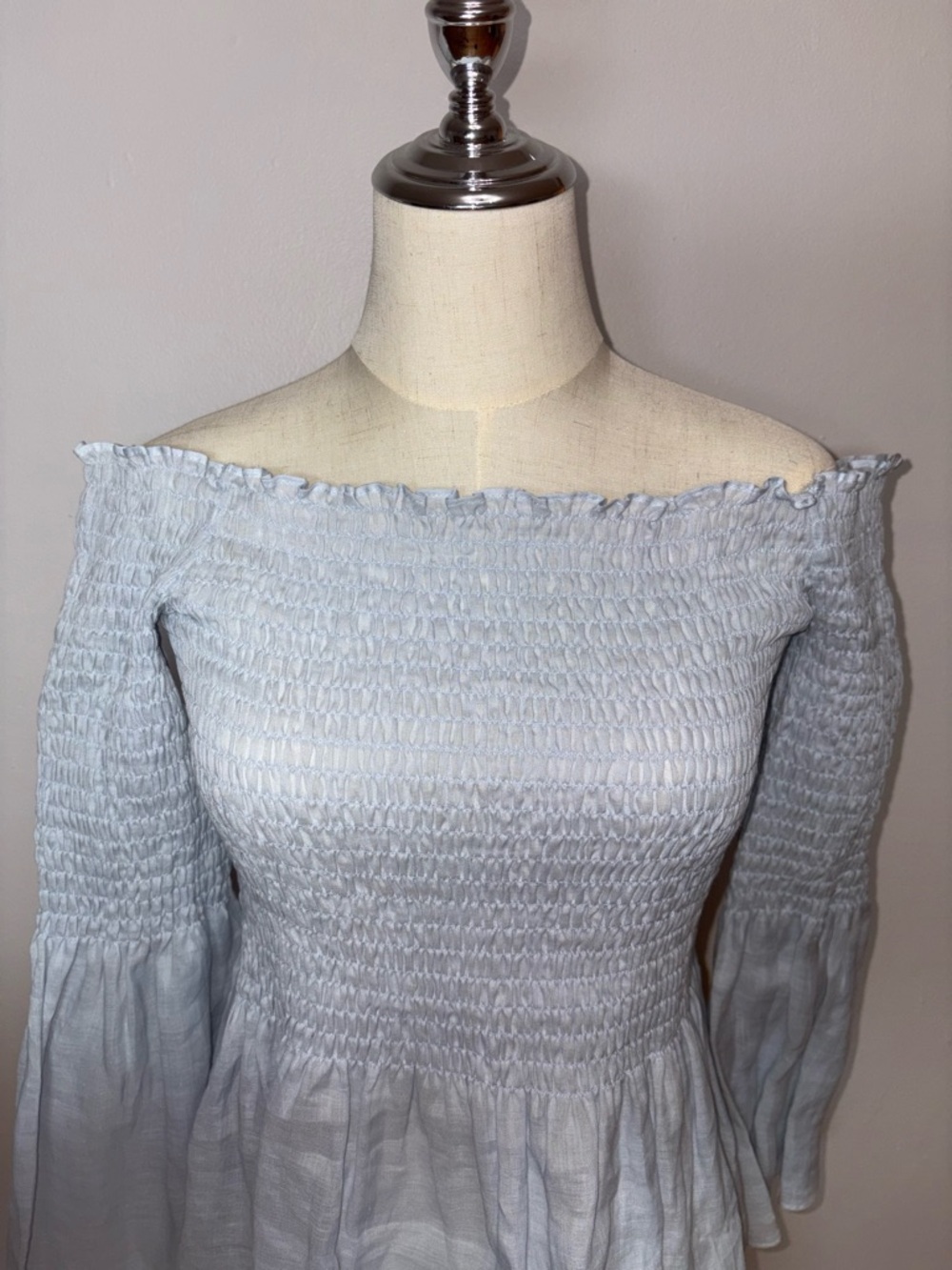 Zara Woman Smocked Off The Shoulder Flare Bell Sleeve Peplum Blue Top Size Small - Picture 3 of 13